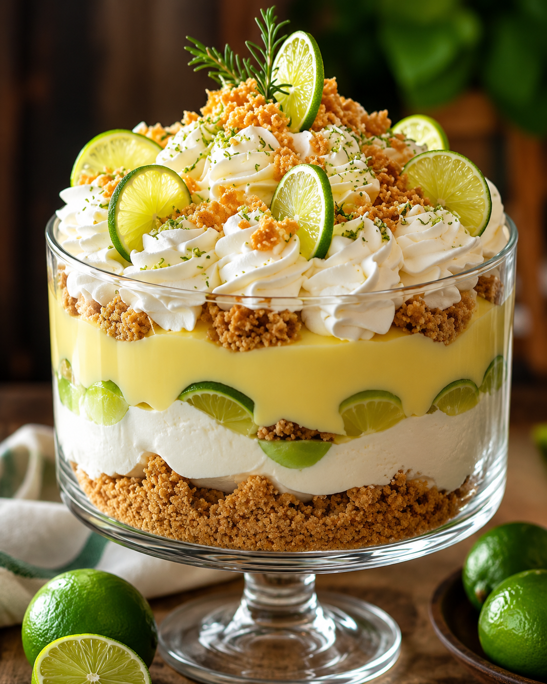 A beautiful Key Lime Pie Trifle layered in a clear glass trifle bowl with buttery graham cracker crumbs, creamy key lime cheesecake filling, fluffy homemade whipped cream, and thin lime slices. The no-bake dessert is topped with whipped cream, fresh lime zest, graham cracker crumbs, and lime wedges, making it a refreshing and elegant dessert for summer parties, holidays, and family gatherings.