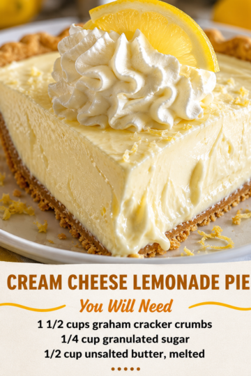 No-bake lemonade cream cheese pie with silky lemon filling, buttery graham cracker crust, whipped cream topping, and fresh lemon slices served chilled for summer dessert.