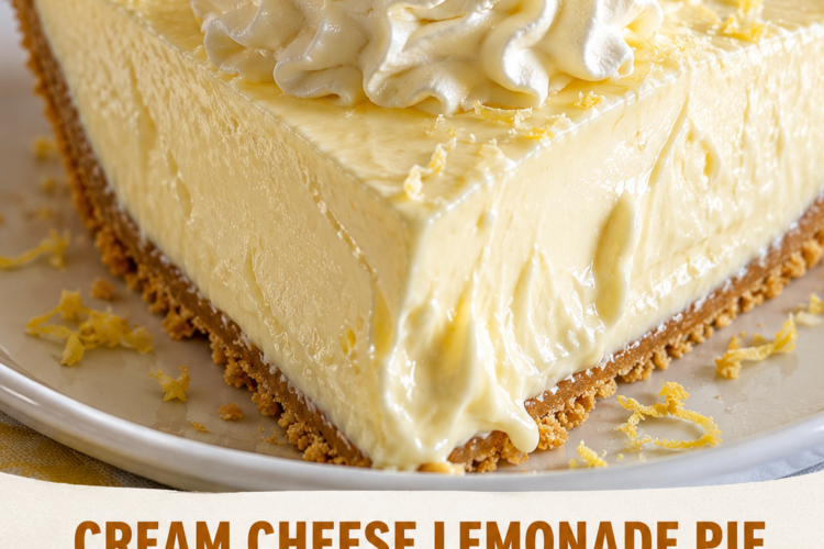 No-bake lemonade cream cheese pie with silky lemon filling, buttery graham cracker crust, whipped cream topping, and fresh lemon slices served chilled for summer dessert.
