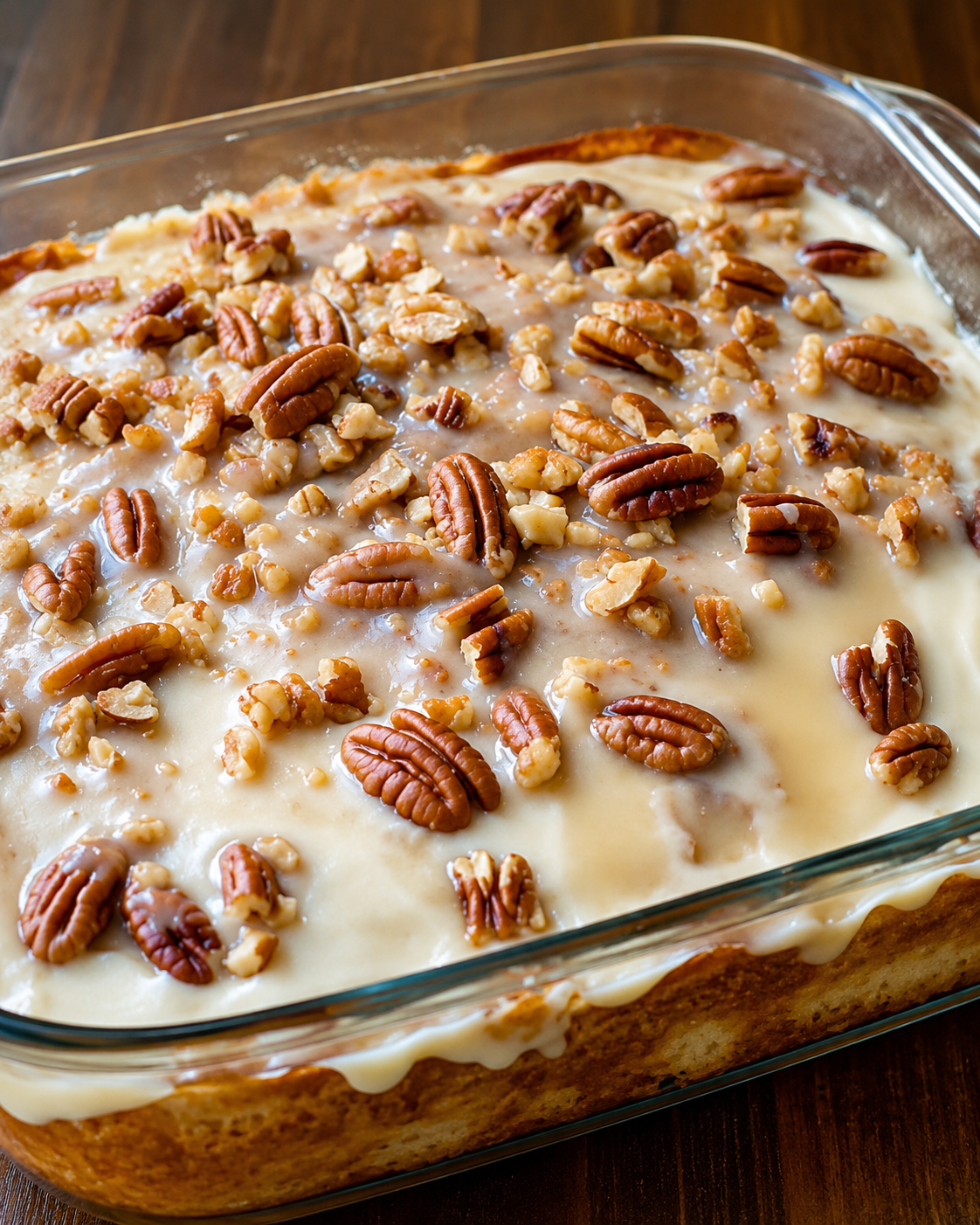 "Butter pecan poke cake topped with creamy vanilla glaze and generously sprinkled with chopped pecans, served in a glass baking dish for a classic Southern homemade dessert."