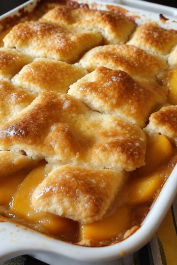 Triple-layer peach cobbler baked golden in a 9x13 dish with sliced peaches, buttery crisp topping, bubbling peach syrup, and warm cinnamon-vanilla filling.