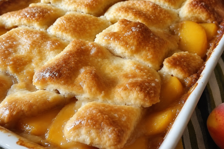 Triple-layer peach cobbler baked golden in a 9x13 dish with sliced peaches, buttery crisp topping, bubbling peach syrup, and warm cinnamon-vanilla filling.