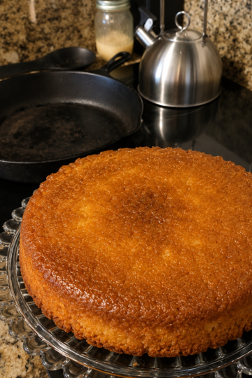 Cast iron pineapple upside down cake with caramelized brown sugar, crushed pineapple glaze, and golden yellow cake flipped warm onto a platter from a vintage skillet.