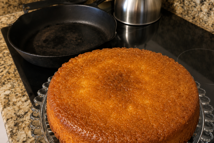 Cast iron pineapple upside down cake with caramelized brown sugar, crushed pineapple glaze, and golden yellow cake flipped warm onto a platter from a vintage skillet.