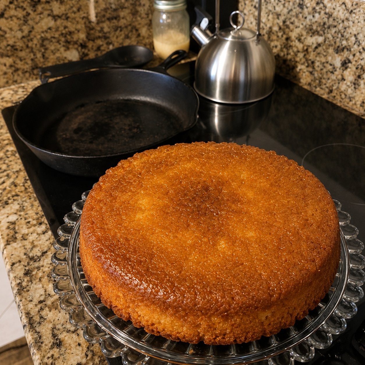 Cast iron pineapple upside down cake with caramelized brown sugar, crushed pineapple glaze, and golden yellow cake flipped warm onto a platter from a vintage skillet.