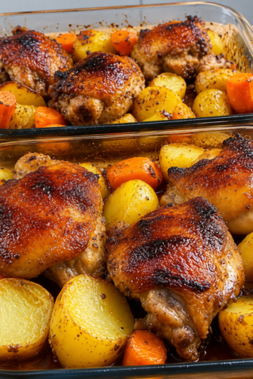 One-pan roasted chicken thighs with crispy golden skin, tender potatoes, carrots, smashed garlic, and fresh herbs, served with savory pan drippings.