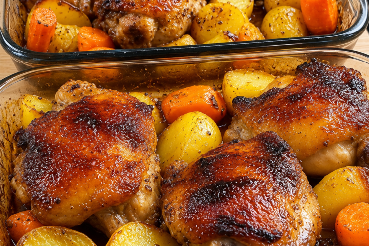 One-pan roasted chicken thighs with crispy golden skin, tender potatoes, carrots, smashed garlic, and fresh herbs, served with savory pan drippings.