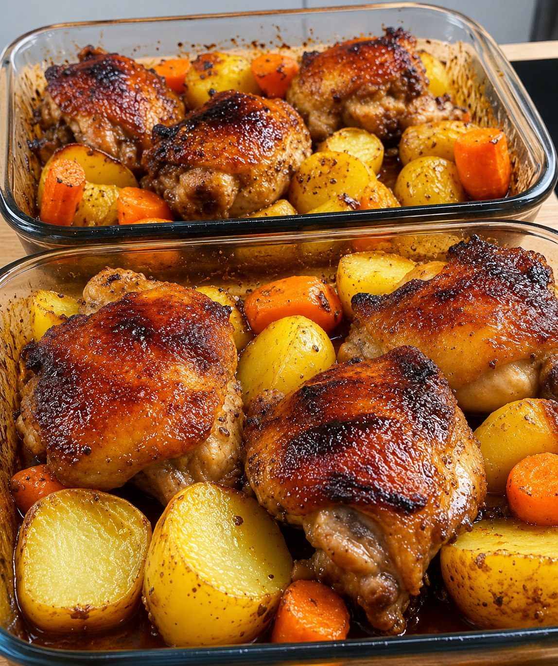 One-pan roasted chicken thighs with crispy golden skin, tender potatoes, carrots, smashed garlic, and fresh herbs, served with savory pan drippings.