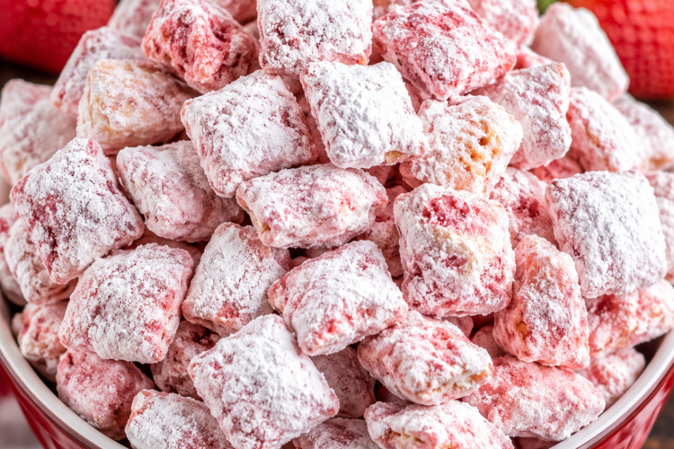 Close-up of a bowl filled with Strawberry Shortcake Puppy Chow, featuring crunchy Chex cereal coated in a sweet strawberry-flavored white chocolate mixture and generously dusted with powdered sugar. Fresh strawberries are softly blurred in the background, highlighting the dessert's vibrant pink and white colors.