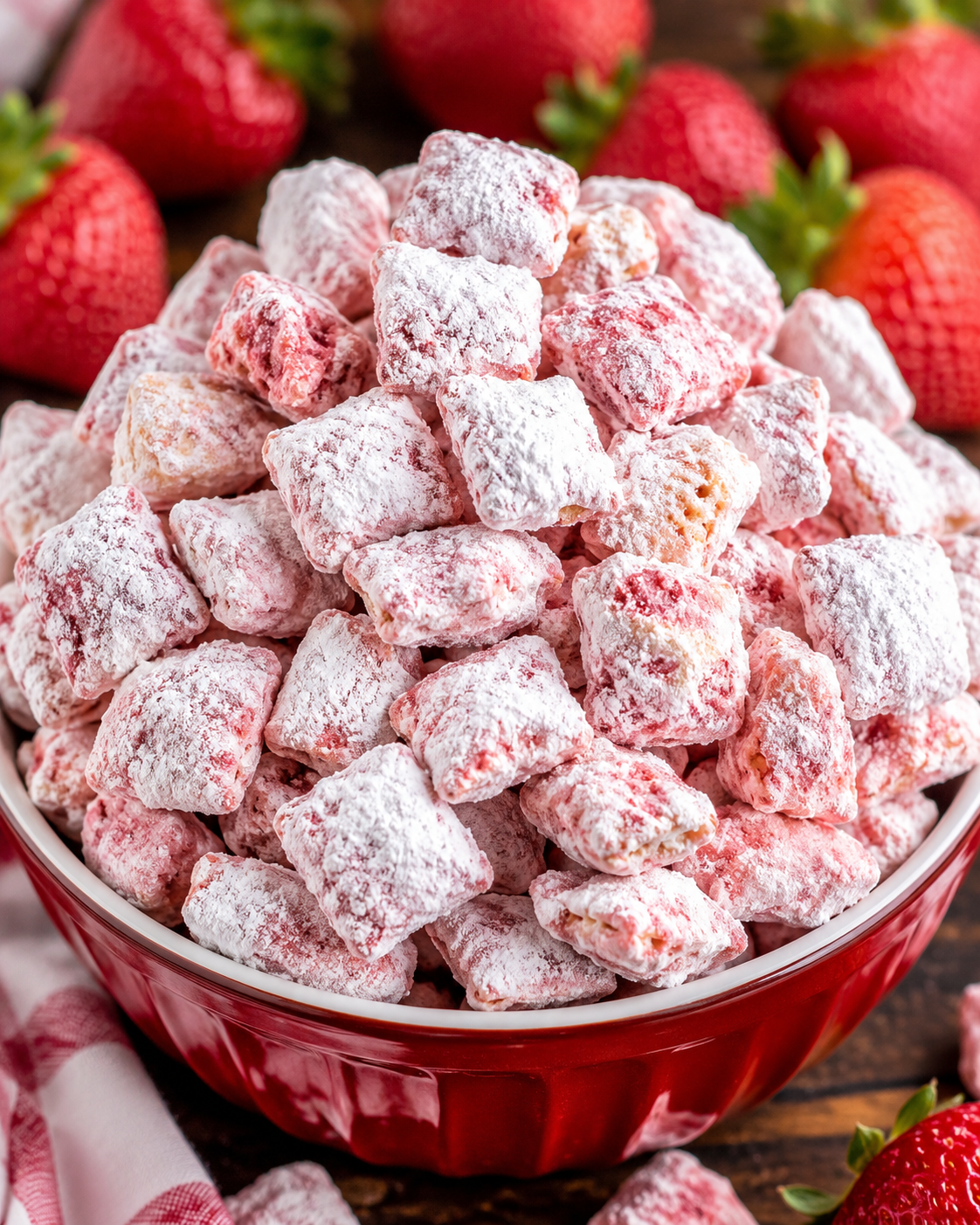 Close-up of a bowl filled with Strawberry Shortcake Puppy Chow, featuring crunchy Chex cereal coated in a sweet strawberry-flavored white chocolate mixture and generously dusted with powdered sugar. Fresh strawberries are softly blurred in the background, highlighting the dessert's vibrant pink and white colors.