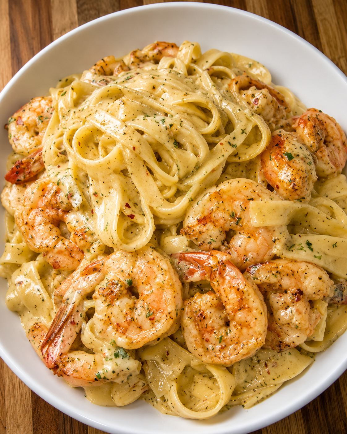 Creamy garlic shrimp Alfredo pasta made with tender fettuccine, juicy sautéed shrimp, and a rich Parmesan cream sauce, served in a white bowl for a comforting seafood dinner.