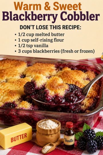 "Warm homemade blackberry cobbler baked until golden brown in a glass baking dish, with a spoonful of juicy blackberries and buttery cobbler topping, served fresh from the oven.