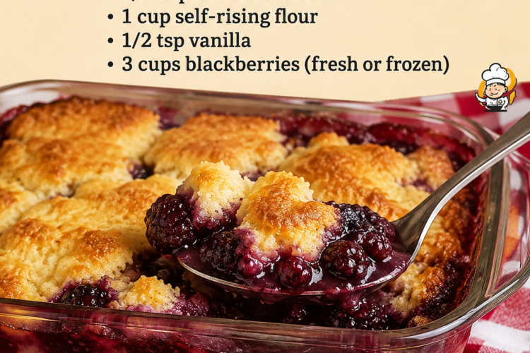 "Warm homemade blackberry cobbler baked until golden brown in a glass baking dish, with a spoonful of juicy blackberries and buttery cobbler topping, served fresh from the oven.