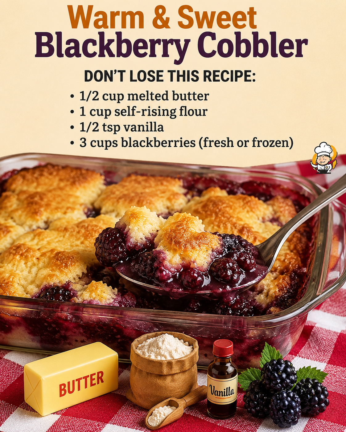 "Warm homemade blackberry cobbler baked until golden brown in a glass baking dish, with a spoonful of juicy blackberries and buttery cobbler topping, served fresh from the oven.