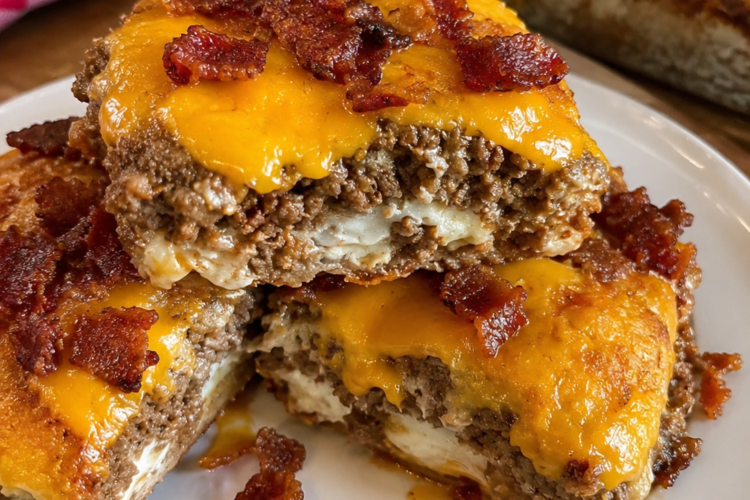 A hearty Bacon Cheeseburger Grilled Cheese Casserole made with buttery toasted bread, seasoned ground beef, crispy bacon, cheddar, mozzarella, and a creamy burger-inspired spread. The ultimate comfort food for family dinners and game nights.