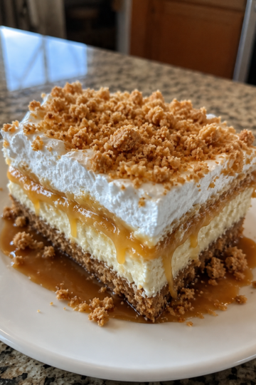 No-bake layered dessert bars with a buttery graham cracker crust, creamy cheesecake middle, rich butterscotch pudding, and whipped topping. Sweet, nostalgic, and crowd-pleasing.
