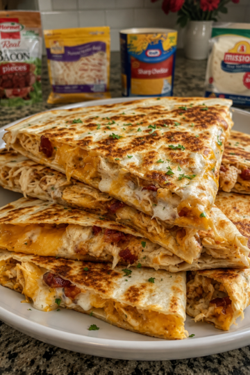 Quick, cheesy quesadillas loaded with ranch-coated chicken, crispy bacon, and two kinds of melted cheese. Ready in about 15 minutes for the ultimate easy weeknight dinner.