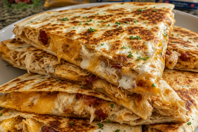 Quick, cheesy quesadillas loaded with ranch-coated chicken, crispy bacon, and two kinds of melted cheese. Ready in about 15 minutes for the ultimate easy weeknight dinner.