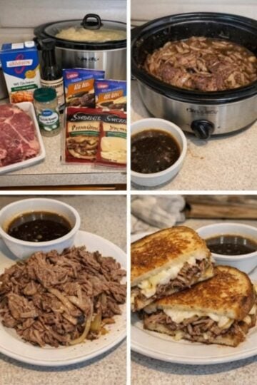Tender slow-cooked beef piled onto buttery grilled cheese sandwiches with melted provolone and served alongside rich homemade au jus for dipping.