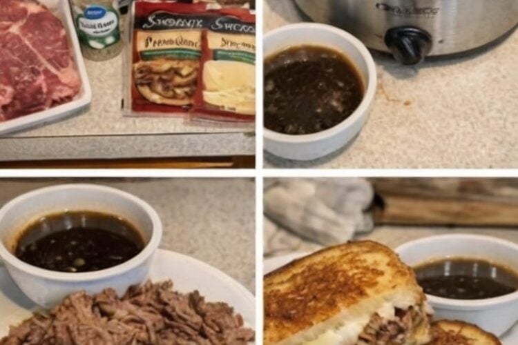 Tender slow-cooked beef piled onto buttery grilled cheese sandwiches with melted provolone and served alongside rich homemade au jus for dipping.