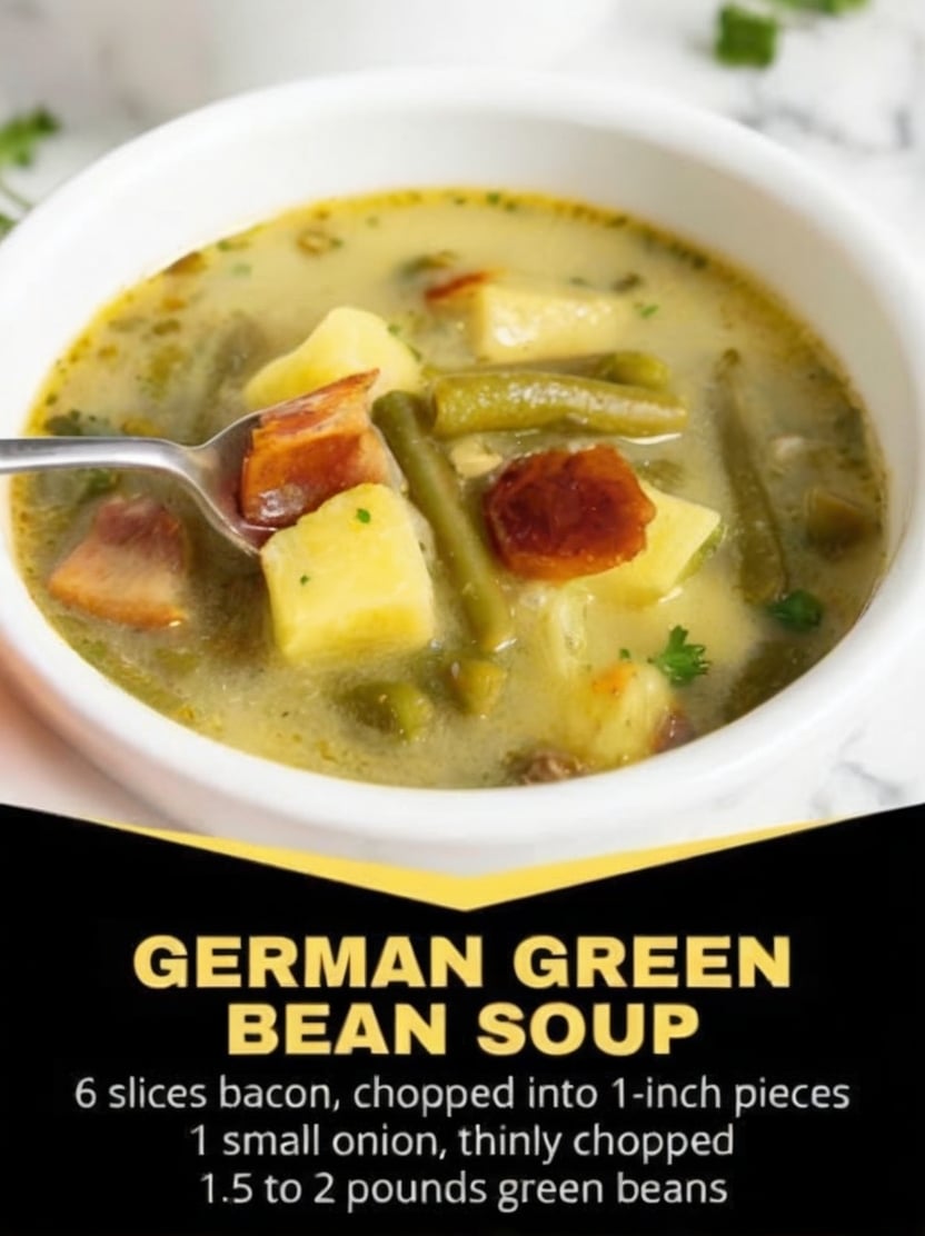 A comforting German-style green bean soup made with smoky bacon, tender potatoes, fresh green beans, and a creamy, savory broth. Perfect for cool-weather dinners.