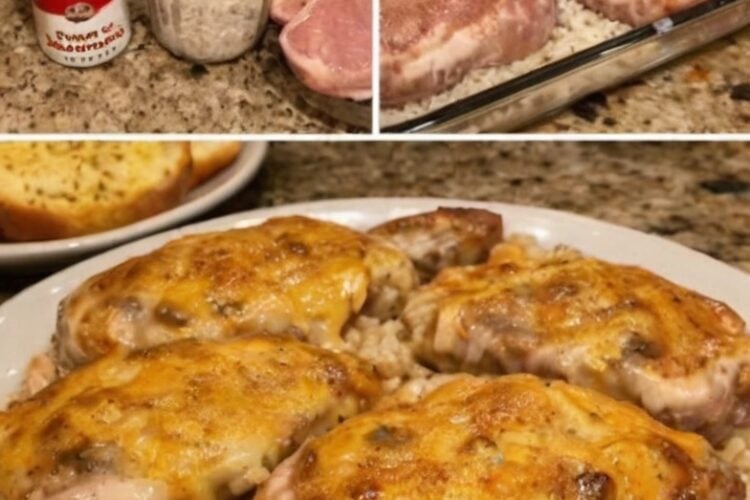 Tender oven-baked pork chops layered over creamy mushroom rice and topped with melted cheddar cheese for an easy, comforting one-pan family dinner.