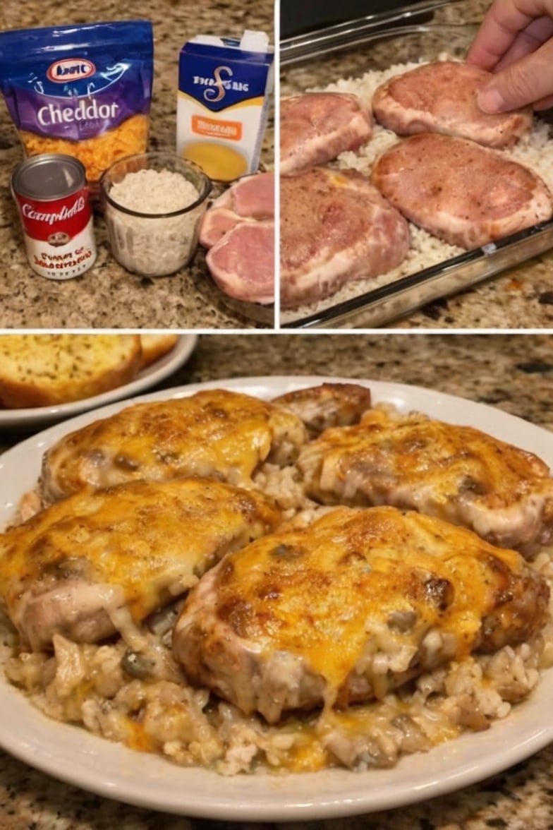Tender oven-baked pork chops layered over creamy mushroom rice and topped with melted cheddar cheese for an easy, comforting one-pan family dinner.