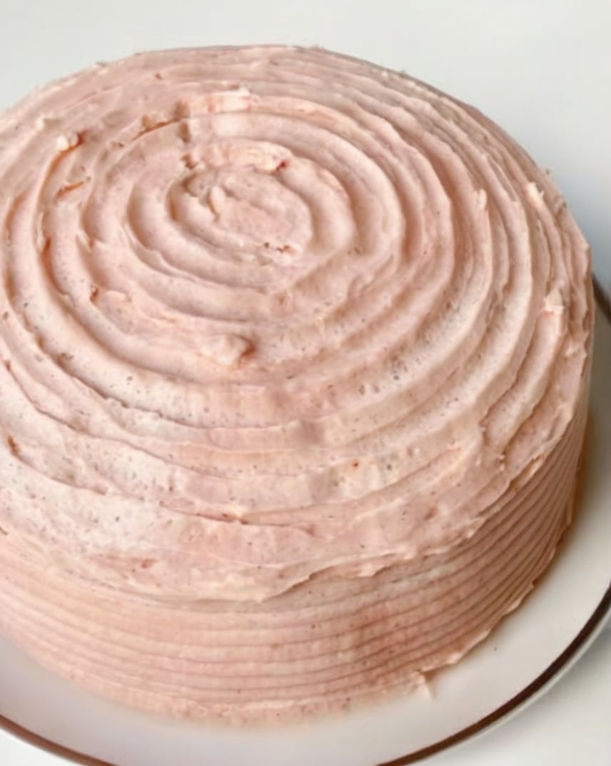 A classic buttery vanilla layer cake filled and frosted with naturally flavored strawberry buttercream made from freeze-dried strawberries. Perfect for birthdays, holidays, and special celebrations.