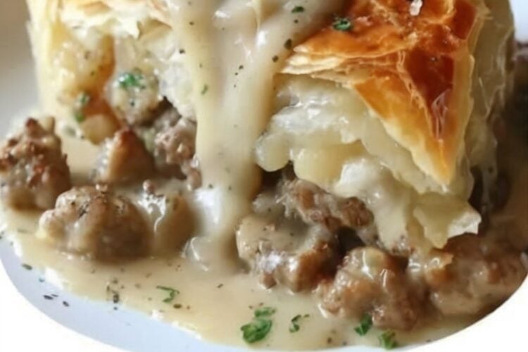 A cozy breakfast casserole made with creamy homemade sausage gravy topped with buttery, flaky puff pastry. This easy bake is perfect for weekend mornings, brunch, and comforting family breakfasts.