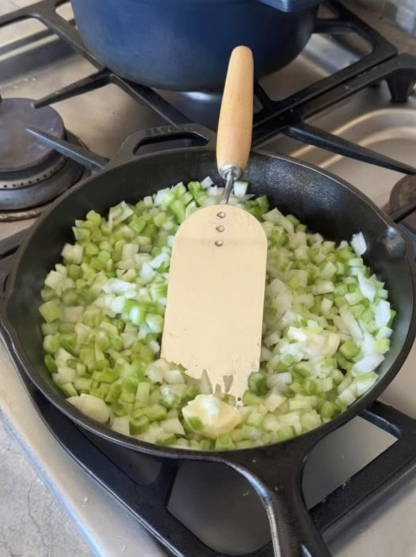 A simple buttery celery and onion mixture that adds rich homemade flavor to Thanksgiving dressing or stuffing. Perfect for preparing ahead and freezing.