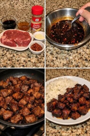 Tender sirloin steak bites coated in a sweet and spicy honey garlic glaze, cooked in one skillet and ready in just 20 minutes.