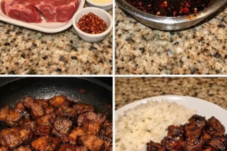 Tender sirloin steak bites coated in a sweet and spicy honey garlic glaze, cooked in one skillet and ready in just 20 minutes.