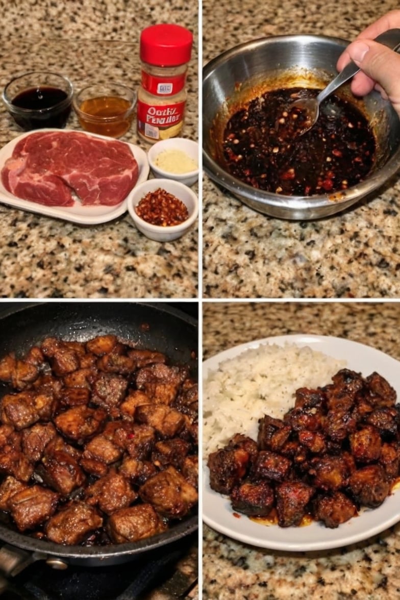 Tender sirloin steak bites coated in a sweet and spicy honey garlic glaze, cooked in one skillet and ready in just 20 minutes.