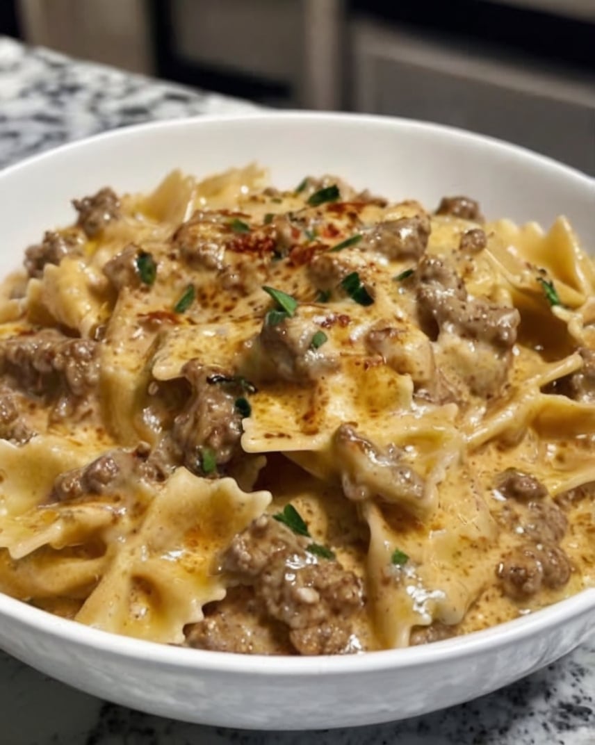 A rich and creamy one-pan pasta made with seasoned ground beef, garlic, Parmesan cheese, and tender bowtie pasta. The perfect comfort food for busy weeknights.