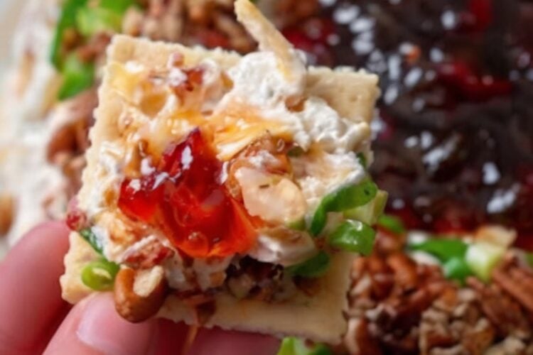 A creamy layered appetizer featuring cream cheese, sharp cheddar, toasted pecans, fresh green onions, and sweet pepper jelly. Perfect for holidays, parties, and family gatherings.