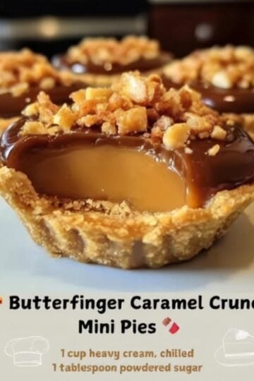 Name Mini Butterfinger Caramel Chocolate Pies Summary Buttery graham cracker crusts filled with caramel cream, topped with glossy chocolate and crunchy Butterfinger pieces. These easy no-bake desserts taste like your favorite childhood candy bars and are perfect for holiday party desserts and make-ahead sweets. Equipment Muffin tin (or cupcake liners) Mixing bowls Electric mixer or whisk Spoon for layering Ingredients Crust: 1½ cups graham cracker crumbs 6 tablespoons unsalted butter, melted ½ cup granulated sugar Filling & Topping: 1 cup thick caramel sauce 1 cup heavy cream, chilled 1 tablespoon powdered sugar ¾ cup melted chocolate 4 Butterfinger candy bars, crushed Instructions Preheat oven to 350°F and prepare muffin tin. Mix graham crumbs, melted butter, and sugar. Press into muffin cups. Bake crusts 8–10 minutes. Cool completely. Whip heavy cream and powdered sugar to soft peaks. Fold in half the caramel. Spoon caramel cream into crusts. Drizzle remaining caramel on top. Add thin layer of melted chocolate. Sprinkle crushed Butterfinger while chocolate is soft. Chill at least 2 hours until set. Notes Prep Time: 20 minutes | Chill Time: 2+ hours | Total Time: ~2.5 hours Yield: 12 mini pies Make-ahead: Prepare up to 2 days in advance and keep refrigerated. Storage: Store in an airtight container in the fridge for up to 4 days. Pro Tip: Use thick caramel sauce to prevent leaking. Crush Butterfingers finely for even topping. Variations: Swap Butterfinger for Reese’s, Snickers, or your favorite candy bar. Perfect for: Easy no-bake desserts, holiday party desserts, birthday treats, and crowd-pleasing make-ahead sweets.