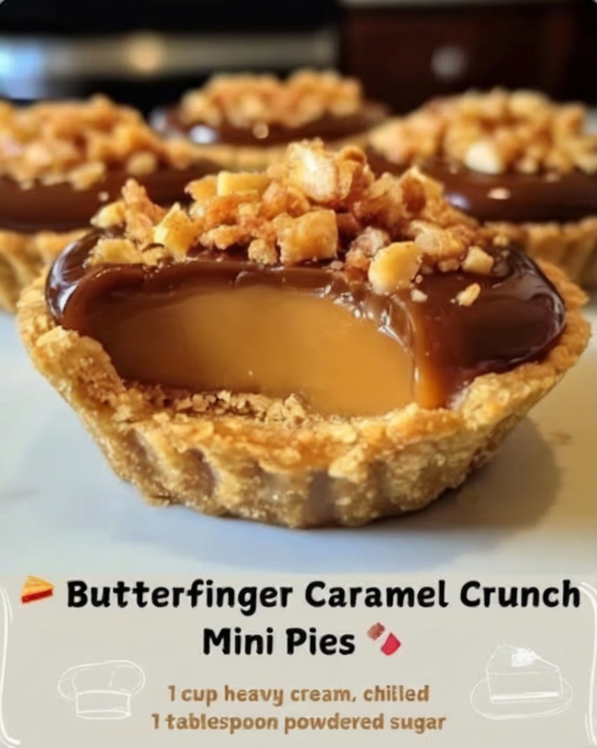 Name Mini Butterfinger Caramel Chocolate Pies Summary Buttery graham cracker crusts filled with caramel cream, topped with glossy chocolate and crunchy Butterfinger pieces. These easy no-bake desserts taste like your favorite childhood candy bars and are perfect for holiday party desserts and make-ahead sweets. Equipment Muffin tin (or cupcake liners) Mixing bowls Electric mixer or whisk Spoon for layering Ingredients Crust: 1½ cups graham cracker crumbs 6 tablespoons unsalted butter, melted ½ cup granulated sugar Filling & Topping: 1 cup thick caramel sauce 1 cup heavy cream, chilled 1 tablespoon powdered sugar ¾ cup melted chocolate 4 Butterfinger candy bars, crushed Instructions Preheat oven to 350°F and prepare muffin tin. Mix graham crumbs, melted butter, and sugar. Press into muffin cups. Bake crusts 8–10 minutes. Cool completely. Whip heavy cream and powdered sugar to soft peaks. Fold in half the caramel. Spoon caramel cream into crusts. Drizzle remaining caramel on top. Add thin layer of melted chocolate. Sprinkle crushed Butterfinger while chocolate is soft. Chill at least 2 hours until set. Notes Prep Time: 20 minutes | Chill Time: 2+ hours | Total Time: ~2.5 hours Yield: 12 mini pies Make-ahead: Prepare up to 2 days in advance and keep refrigerated. Storage: Store in an airtight container in the fridge for up to 4 days. Pro Tip: Use thick caramel sauce to prevent leaking. Crush Butterfingers finely for even topping. Variations: Swap Butterfinger for Reese’s, Snickers, or your favorite candy bar. Perfect for: Easy no-bake desserts, holiday party desserts, birthday treats, and crowd-pleasing make-ahead sweets.