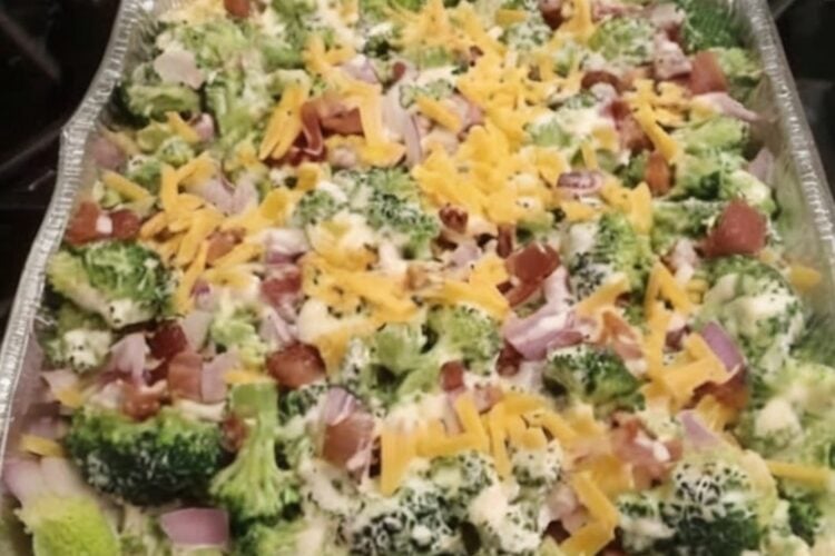 Crisp broccoli florets tossed with bacon, sharp cheddar, red onion, and a creamy sweet-tangy dressing. This easy summer side dish and potluck favorite is make-ahead friendly and always disappears fast at cookouts and BBQs.