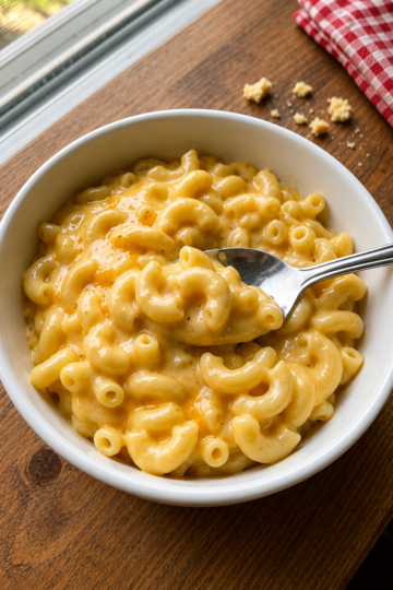 Creamy KFC-style Mac and Cheese made with tender elbow macaroni coated in a rich, velvety blend of melted Velveeta and sharp cheddar cheese. This smooth, cheesy comfort food side dish is served hot in a bowl with a creamy, glossy sauce that's perfect alongside fried chicken, barbecue, or family dinners.