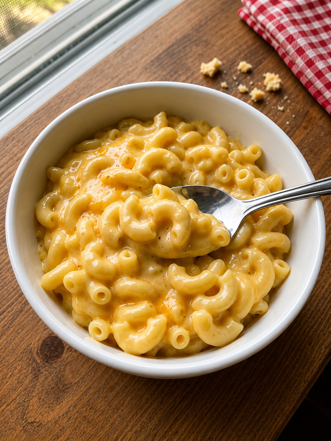 Creamy KFC-style Mac and Cheese made with tender elbow macaroni coated in a rich, velvety blend of melted Velveeta and sharp cheddar cheese. This smooth, cheesy comfort food side dish is served hot in a bowl with a creamy, glossy sauce that's perfect alongside fried chicken, barbecue, or family dinners.