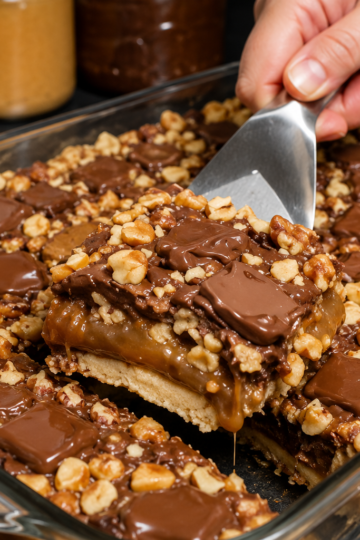 Caramel Chocolate Crunch Bars stacked on a serving plate, featuring a buttery shortbread crust, gooey caramel filling, rich melted chocolate, crunchy toasted pecans, and a sprinkle of flaky sea salt, perfect homemade American dessert.