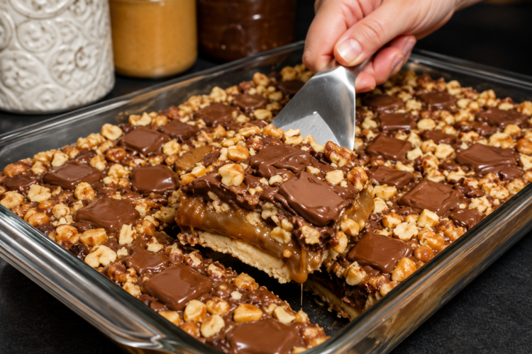 Caramel Chocolate Crunch Bars stacked on a serving plate, featuring a buttery shortbread crust, gooey caramel filling, rich melted chocolate, crunchy toasted pecans, and a sprinkle of flaky sea salt, perfect homemade American dessert.