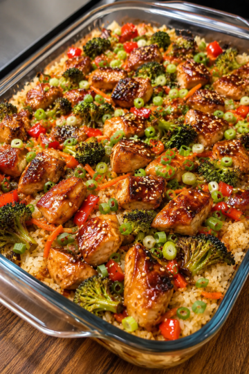 "Teriyaki chicken and rice casserole topped with roasted broccoli, red bell peppers, carrots, sesame seeds, and fresh green onions in a glass baking dish