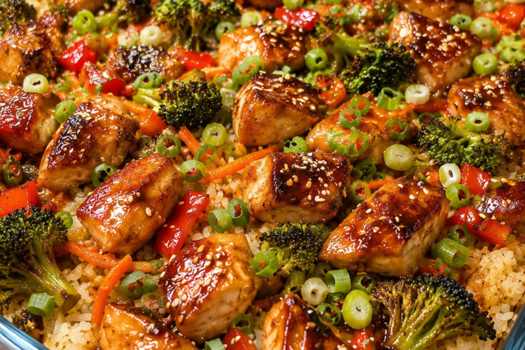 "Teriyaki chicken and rice casserole topped with roasted broccoli, red bell peppers, carrots, sesame seeds, and fresh green onions in a glass baking dish
