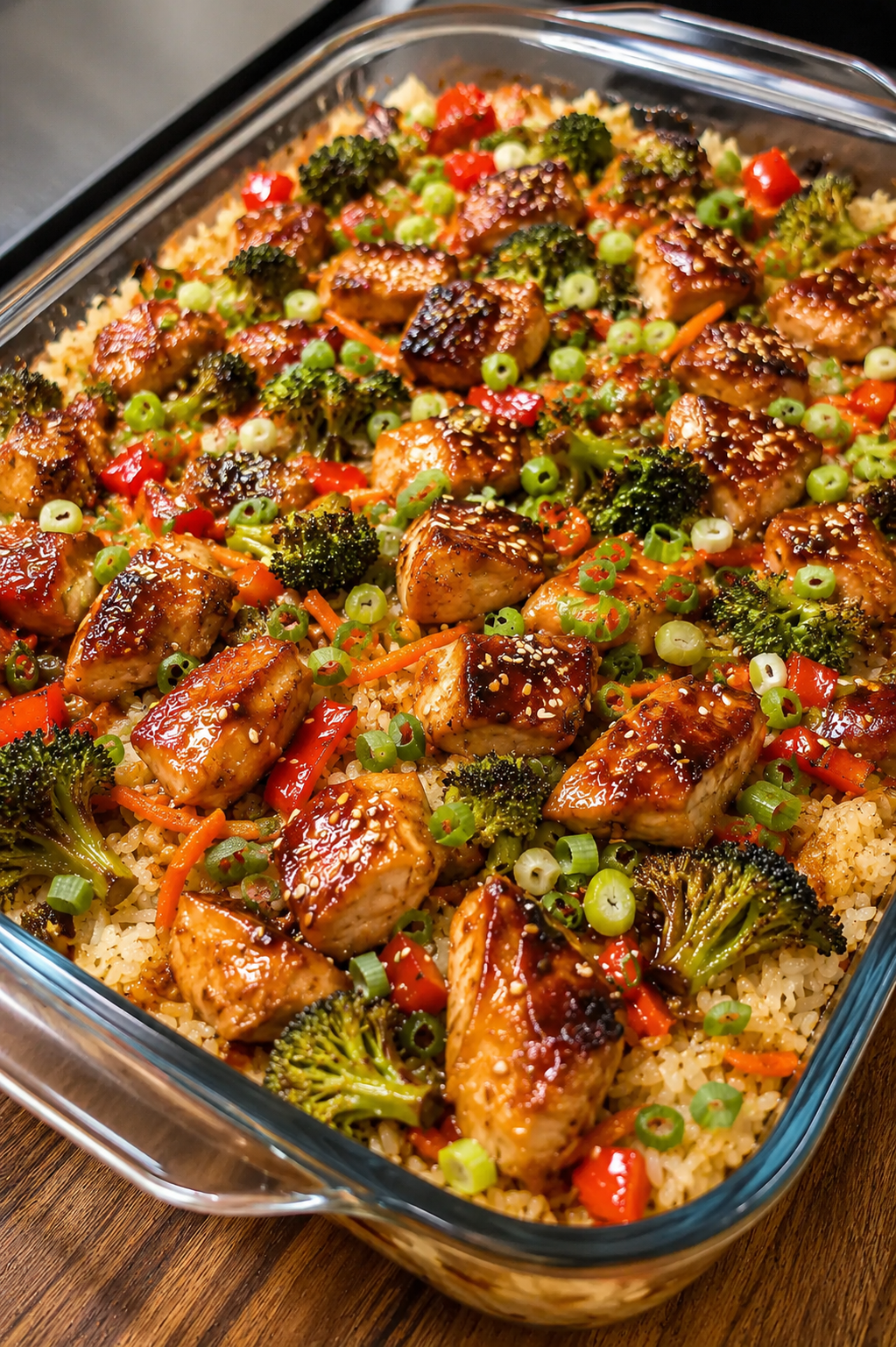 "Teriyaki chicken and rice casserole topped with roasted broccoli, red bell peppers, carrots, sesame seeds, and fresh green onions in a glass baking dish