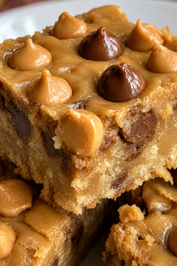 Peanut butter butterscotch bars with soft chewy centers, golden edges, glossy butterscotch chips, optional melted chocolate chips, and rich peanut butter flavor.