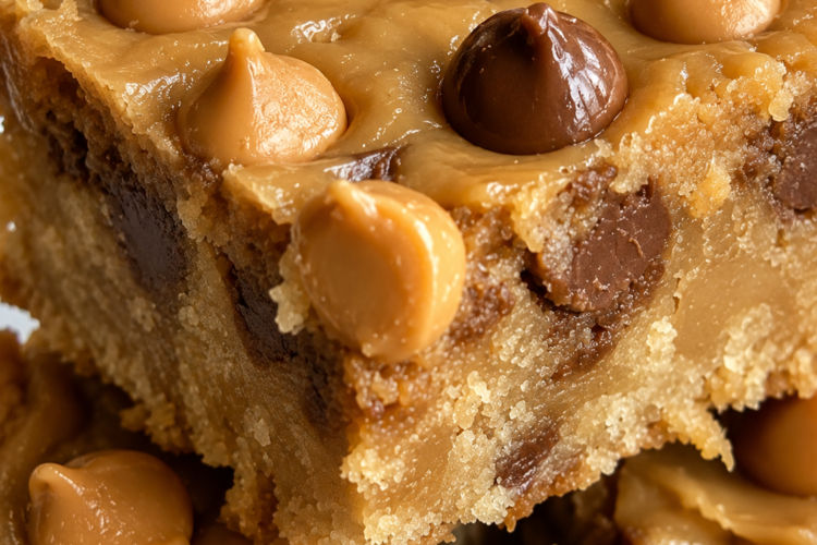 Peanut butter butterscotch bars with soft chewy centers, golden edges, glossy butterscotch chips, optional melted chocolate chips, and rich peanut butter flavor.