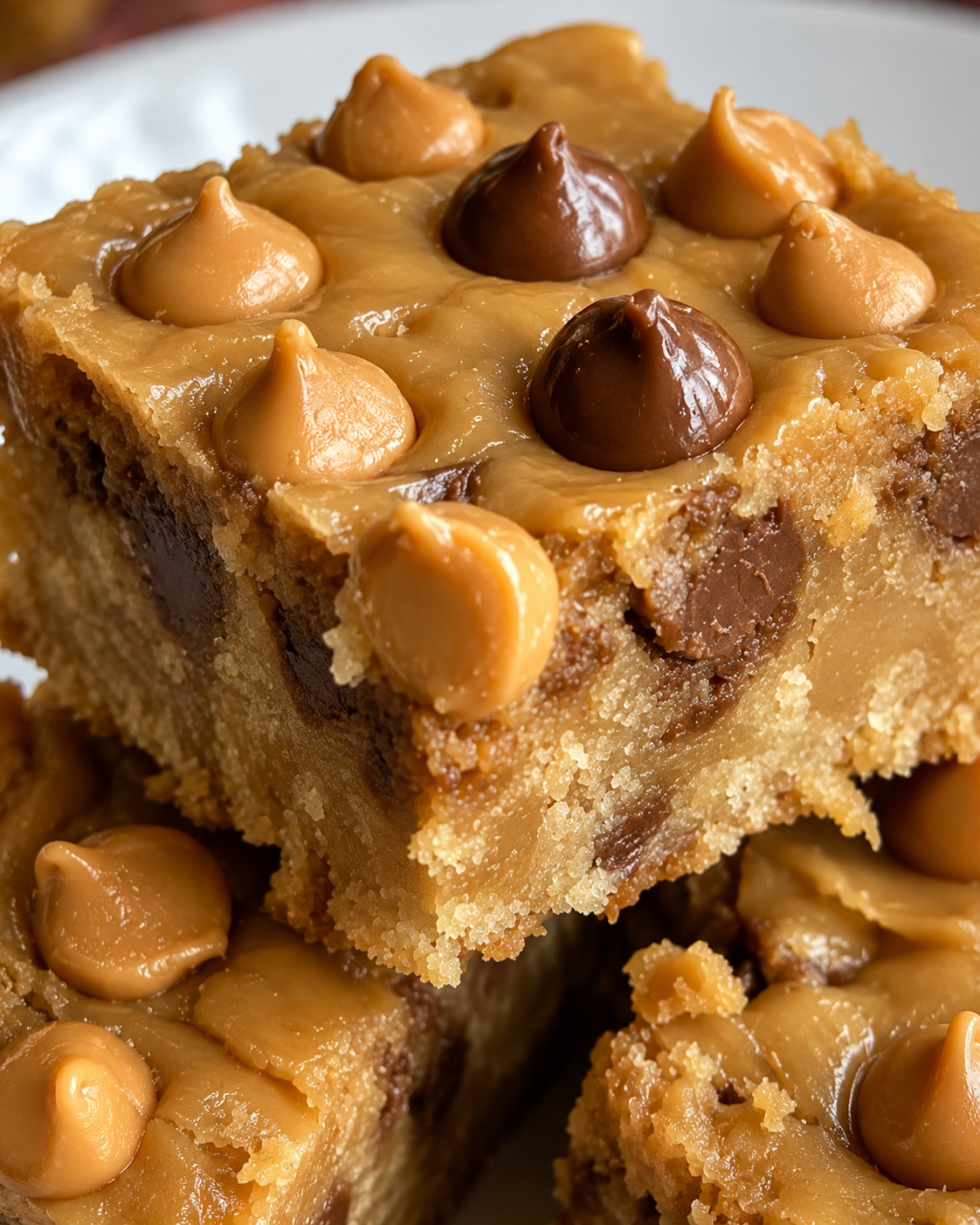 Peanut butter butterscotch bars with soft chewy centers, golden edges, glossy butterscotch chips, optional melted chocolate chips, and rich peanut butter flavor.