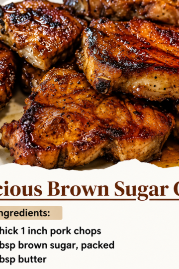 Juicy brown sugar pork chops with a buttery caramelized glaze, pan-seared until golden brown and served with mashed potatoes, garnished with fresh parsley for an easy American comfort food dinner.