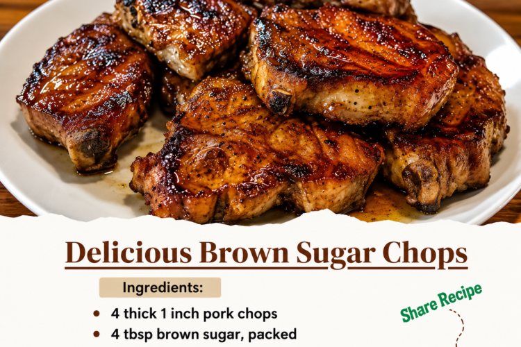 Juicy brown sugar pork chops with a buttery caramelized glaze, pan-seared until golden brown and served with mashed potatoes, garnished with fresh parsley for an easy American comfort food dinner.